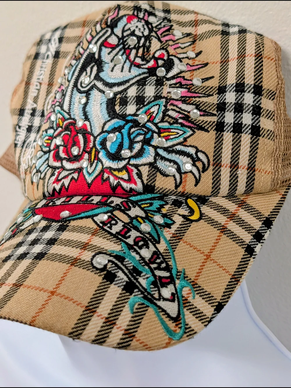 Ed Hardy Vintage Y2K Plaid Trucker Hat with Embroidered Skull and Roses